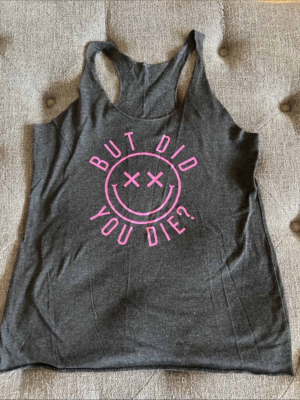 Justice Charcoal Gray Racerback Tank with Pink Smiley Graphic